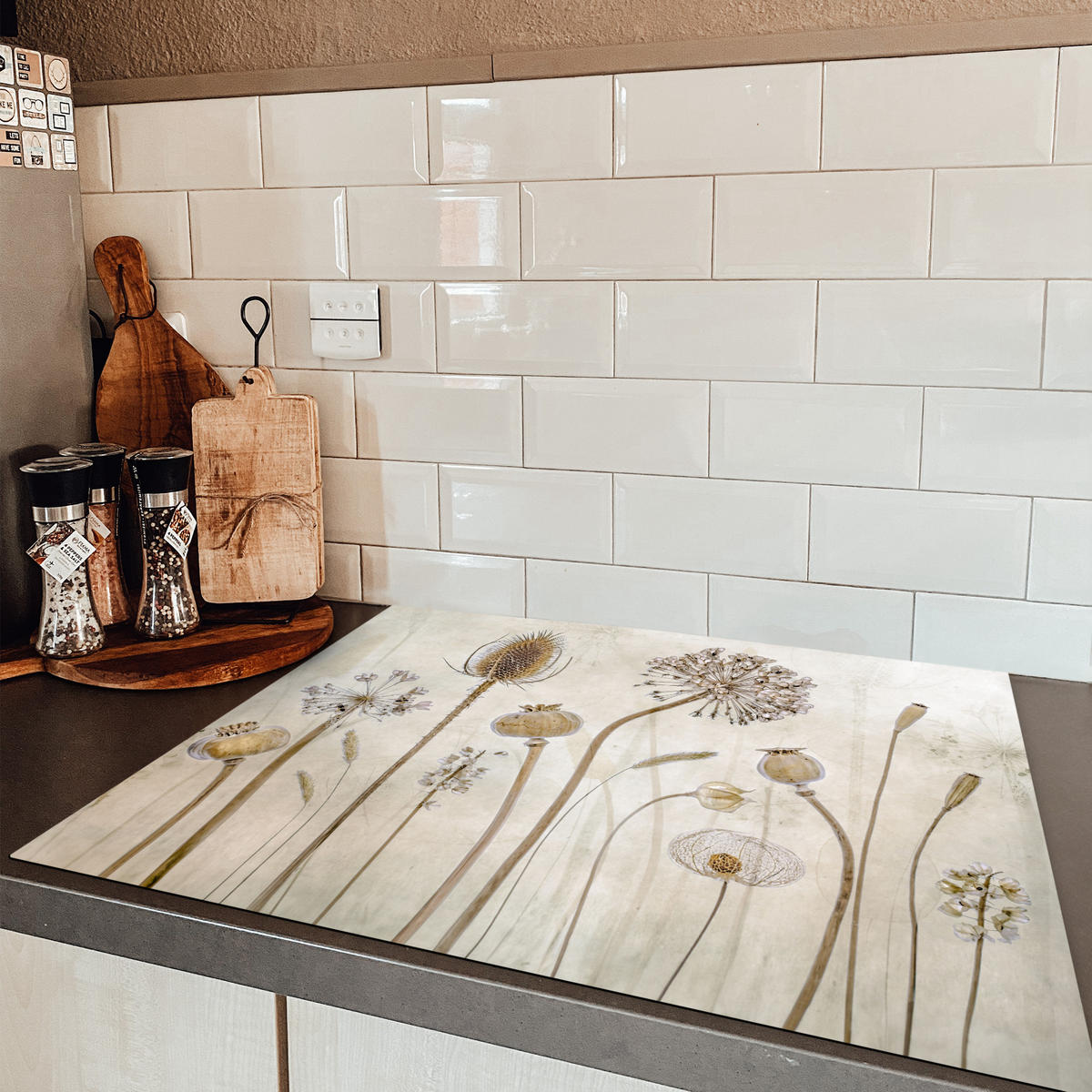 HERDABDECKPLATTE Blumen - Aquarell - Stilleben - Braun - Vintage 77x59 cm - Sandfarben, Kunststoff (77/59/0.2cm) - MuchoWow