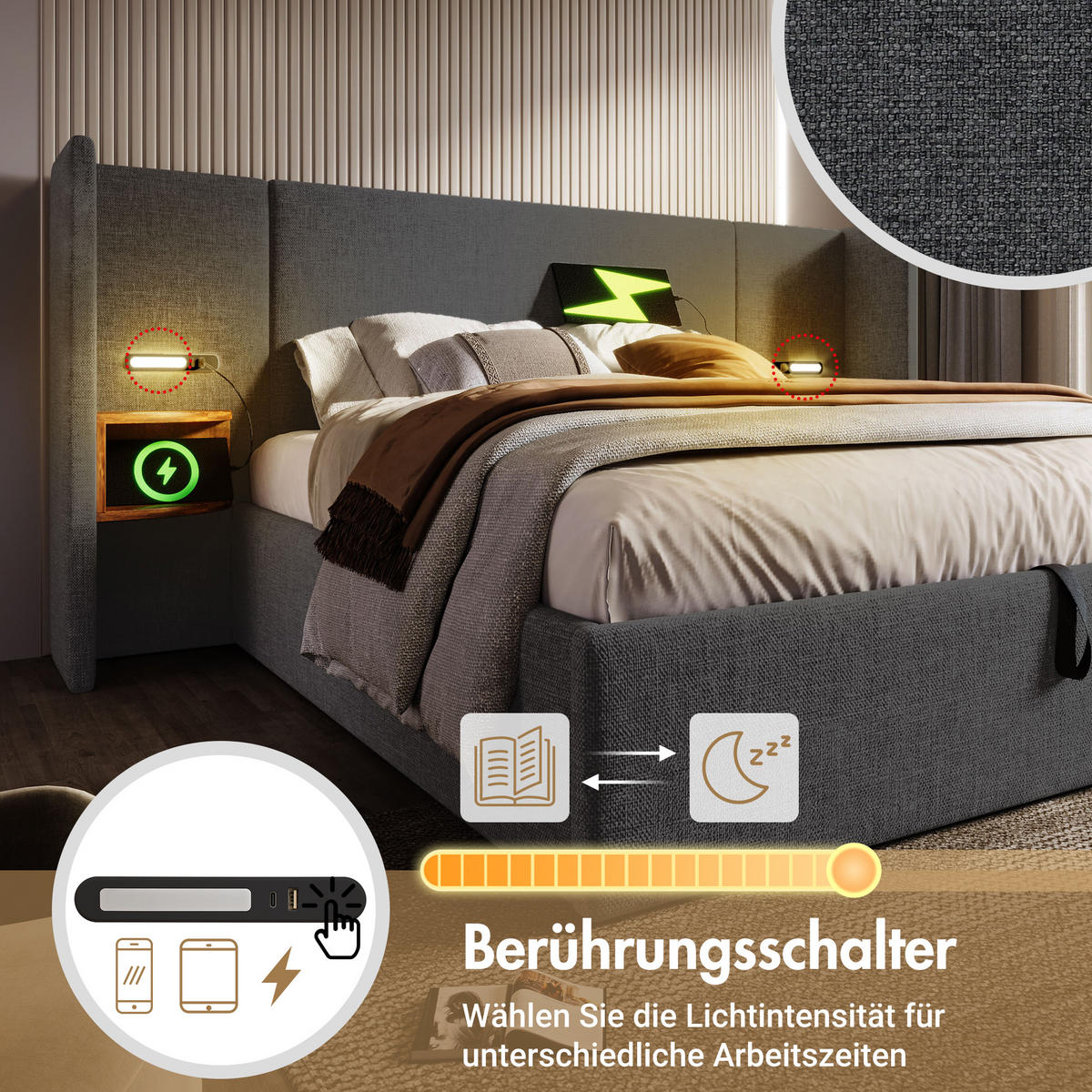 POLSTERBETT 160/200 cm aus Leinen mit Leselampe, USB- und Type-C-Anschluss sowie hydraulischem Stauraum, und Matratze,Grau - Grau, Textil (160/200cm) - Redom