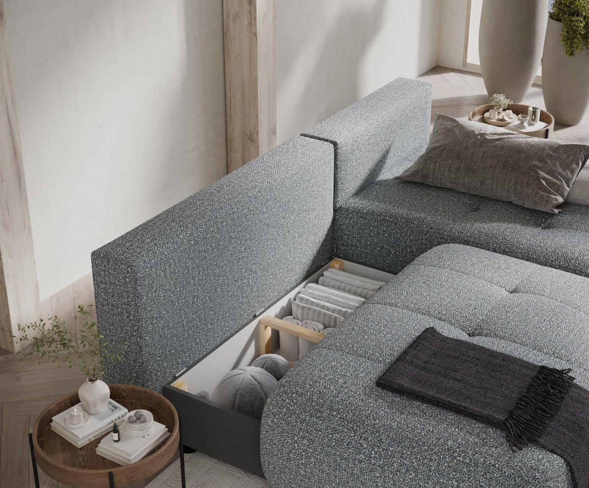 ECKSOFA MIT SCHLAFFUNKTION Batu Grau Plüschstoff - Schwarz/Grau, Holz/Holzwerkstoff (223/158cm) - Maison de Reve