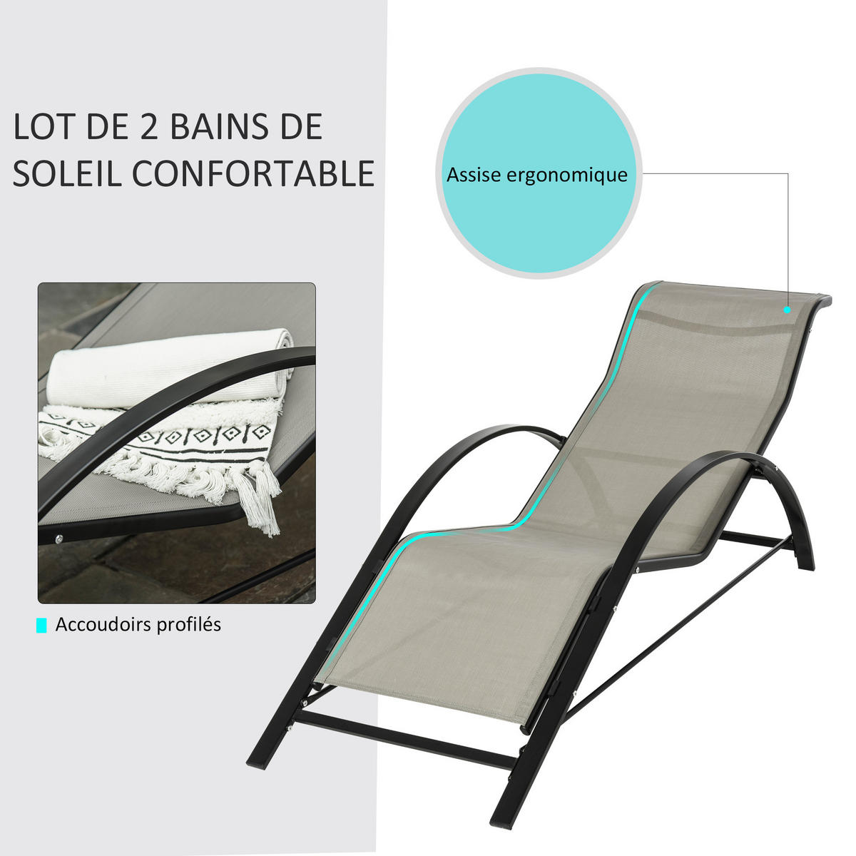 SONNENLIEGE 2er-Set DE-15606 mit Glastisch Grau - Hellgrau, Metall (59/66/169cm) - ComfortXL