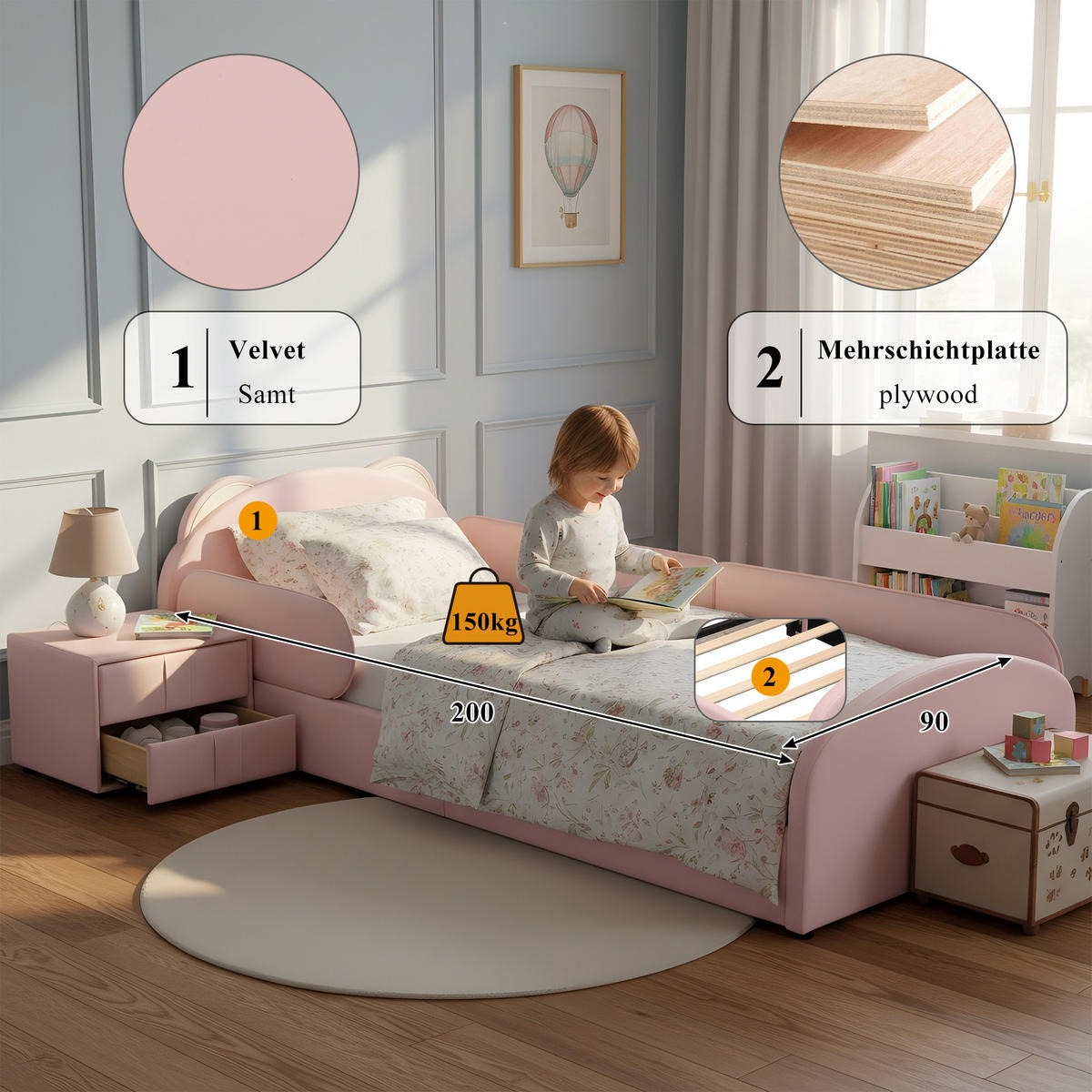 KINDERBETT 90/200 cm in Rosa mit Bären-Kopfteil und Nachttisch - Rosa, Textil (90/200cm) - BEAOK