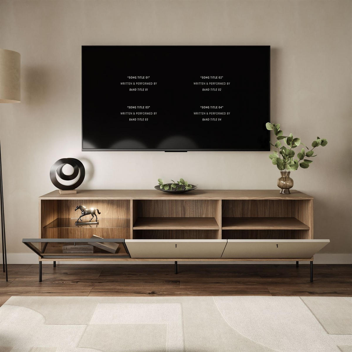 TV-SCHRANK ISA, mit LED-Beleuchtung auf hohen Beinen - Eichefarben, Holzwerkstoff (185/58/40cm) - Lookway