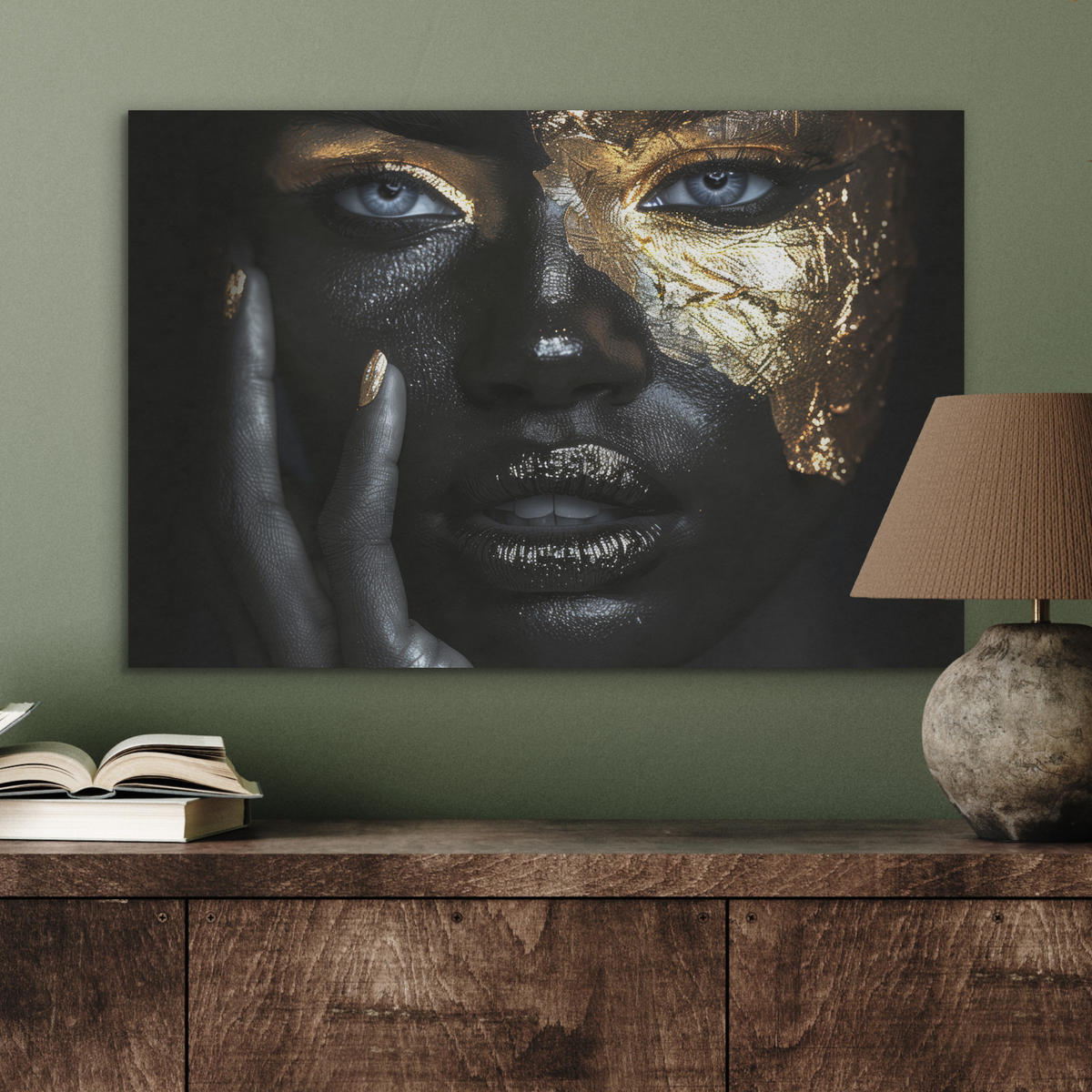 AKUSTIKBILD Frau - Gold - Porträt - Schwarz-Weiß - Luxus Wanddeko 70x50 cm - Hellblau, Kunststoff (70/50/0.9cm) - MuchoWow