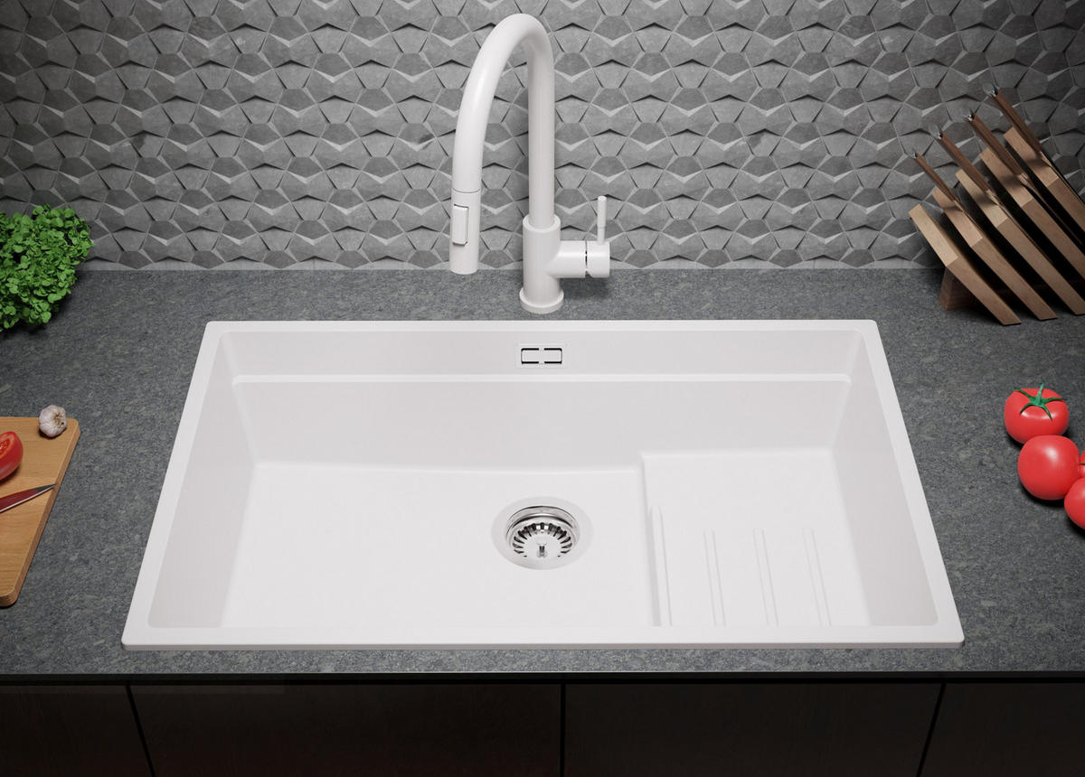 SPÜLBECKEN Praga Slim, 2-er set Weiß 76/47 cm 1 Becken + Ablauf-Set + Aufrollbare Abtropffläche ab 80er Unterschrank - Chromfarben/Weiß, Kunststoff (76/20/47cm) - Primagran