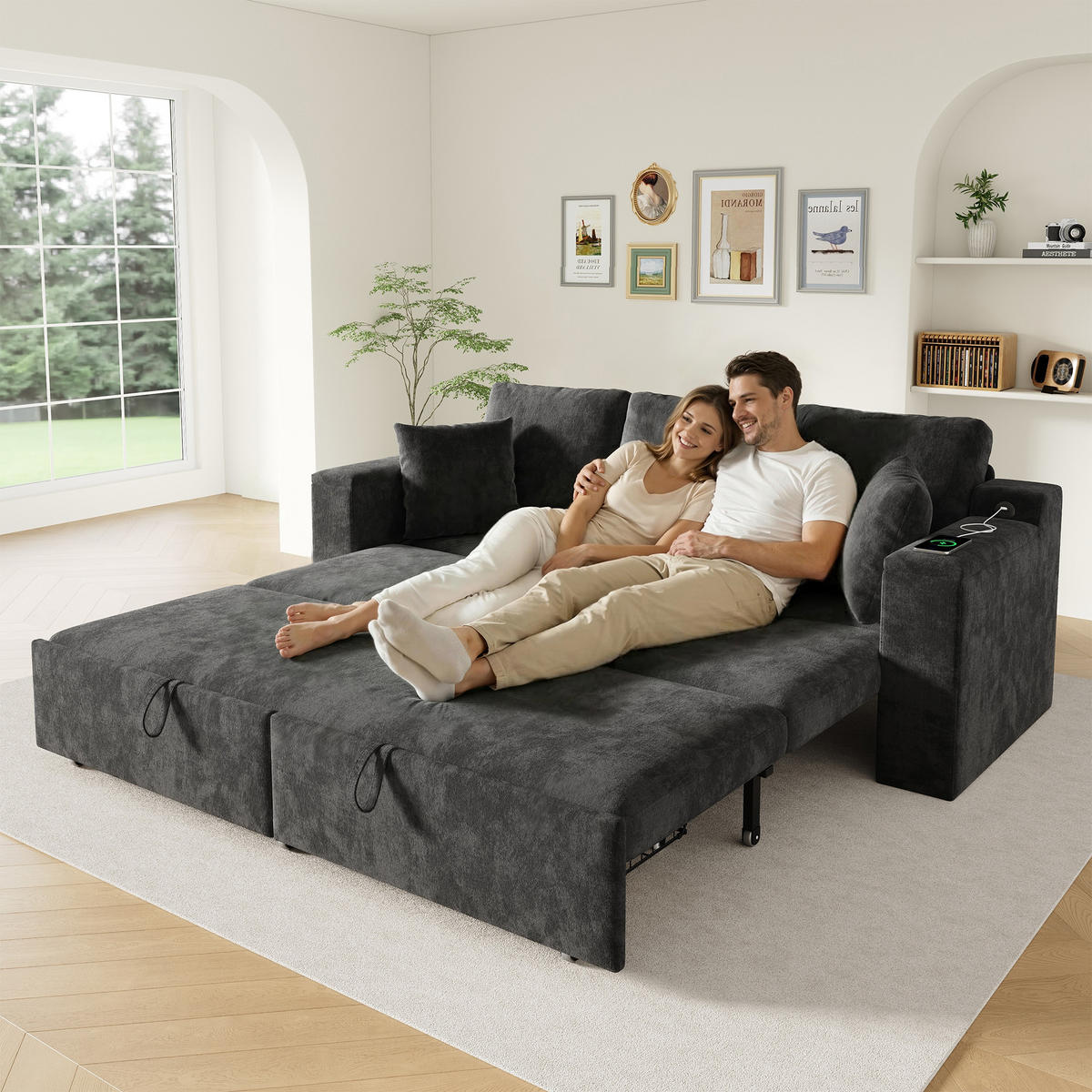 SCHLAFSOFA mit Schlaffunktion, USB, Stauraum, Grau, 210,5/192/93 cm - Grau, Textil (210.5/93/192cm) - EVRYAE