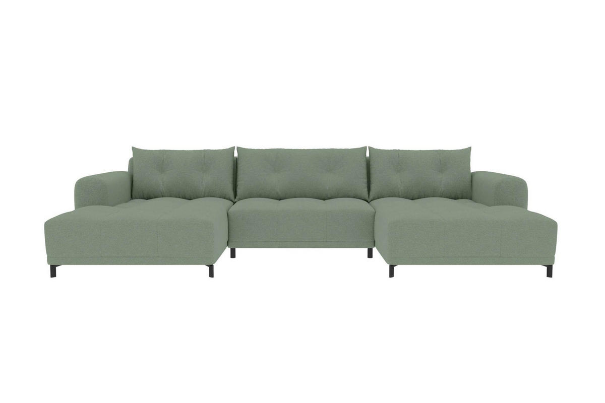 WOHNLANDSCHAFT Strukturstoff Salbeigrün inkl. Schlaffunktion - Salbeigrün/Schwarz, Textil/Metall (348/94/181cm) - 99rooms