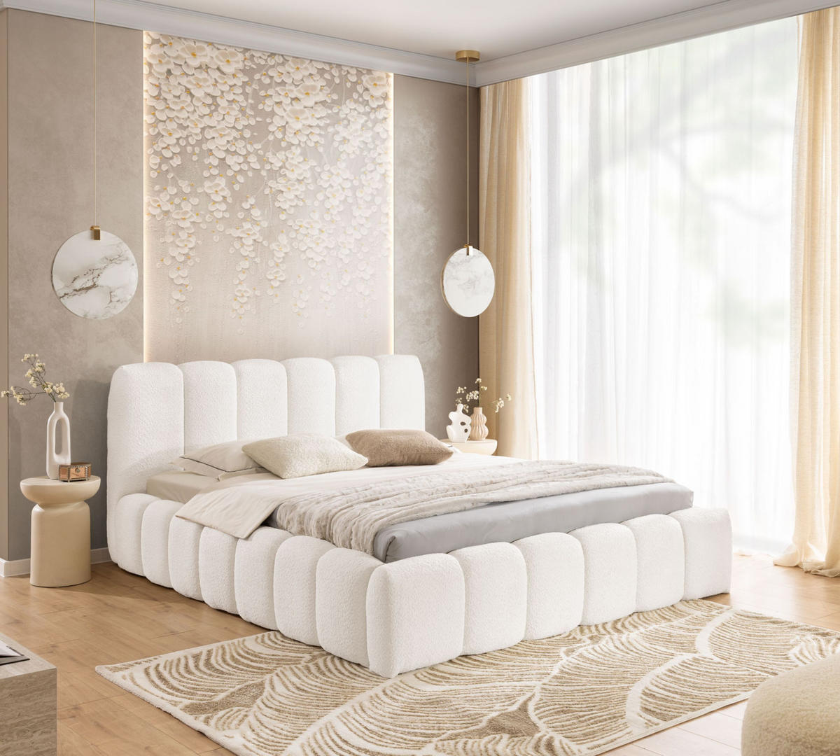 POLSTERBETT MIA mit Bettkasten 180x200,Bubble Bett,Doppelbett mit Stauraum,Lattenrost,Boxspringbett-Optik,ohne Matratze-Weiß - Weiß, Holz (180/200cm) - Furnistar