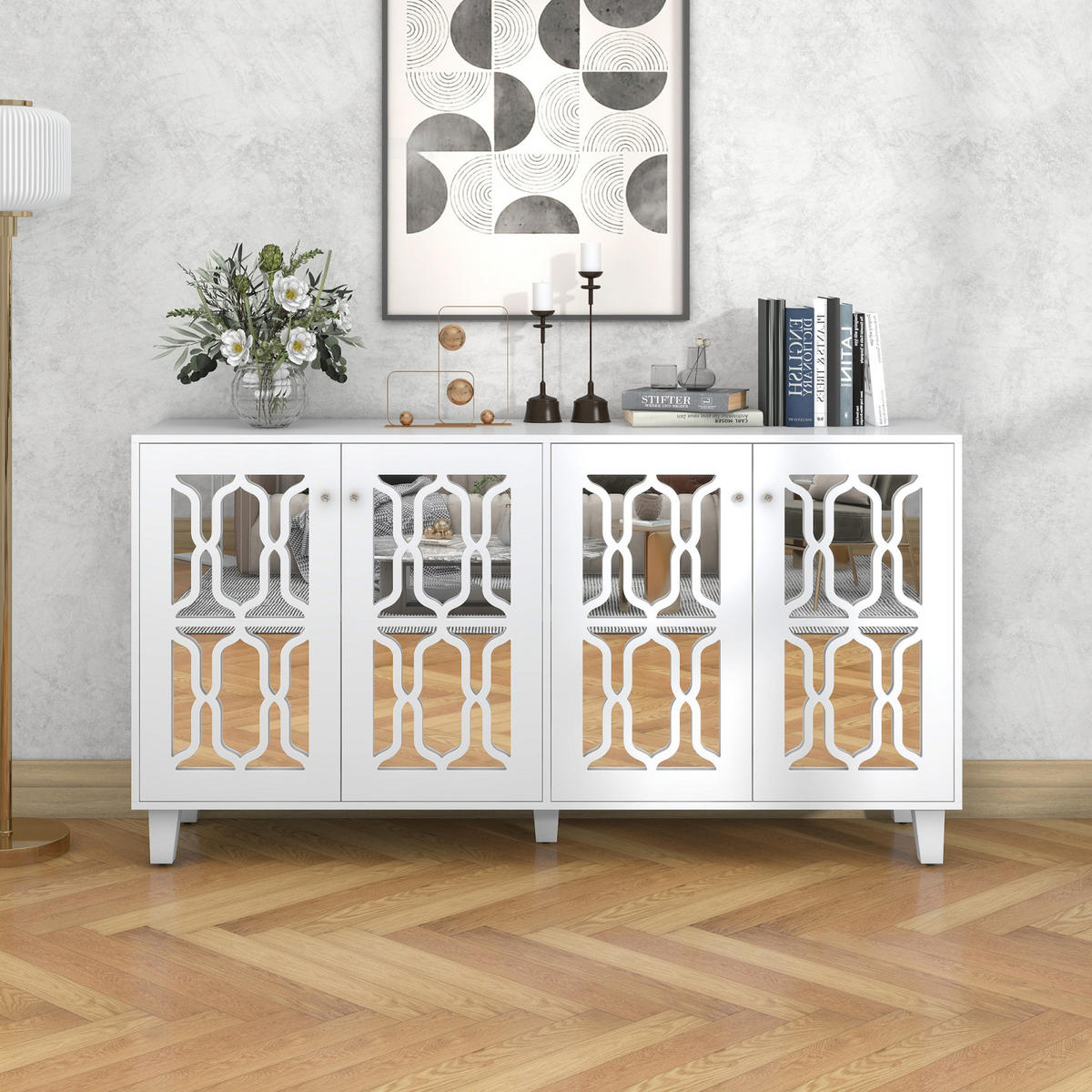 SIDEBOARD Weiß, 4 Spiegeltüren, verstellbarer Boden - Weiß, Holz (160/84/40cm)