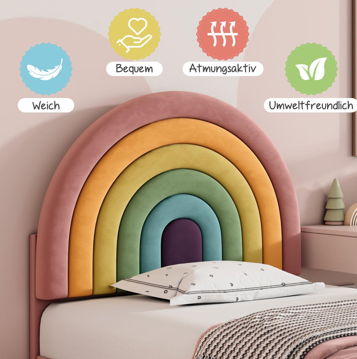 POLSTERBETT 90/200 cm mit Lattenrost, höhenverstellbarem Kopfteil und Regenbogen-Design aus Samt, Pink - Rosa, Textil (90/200cm) - Redom