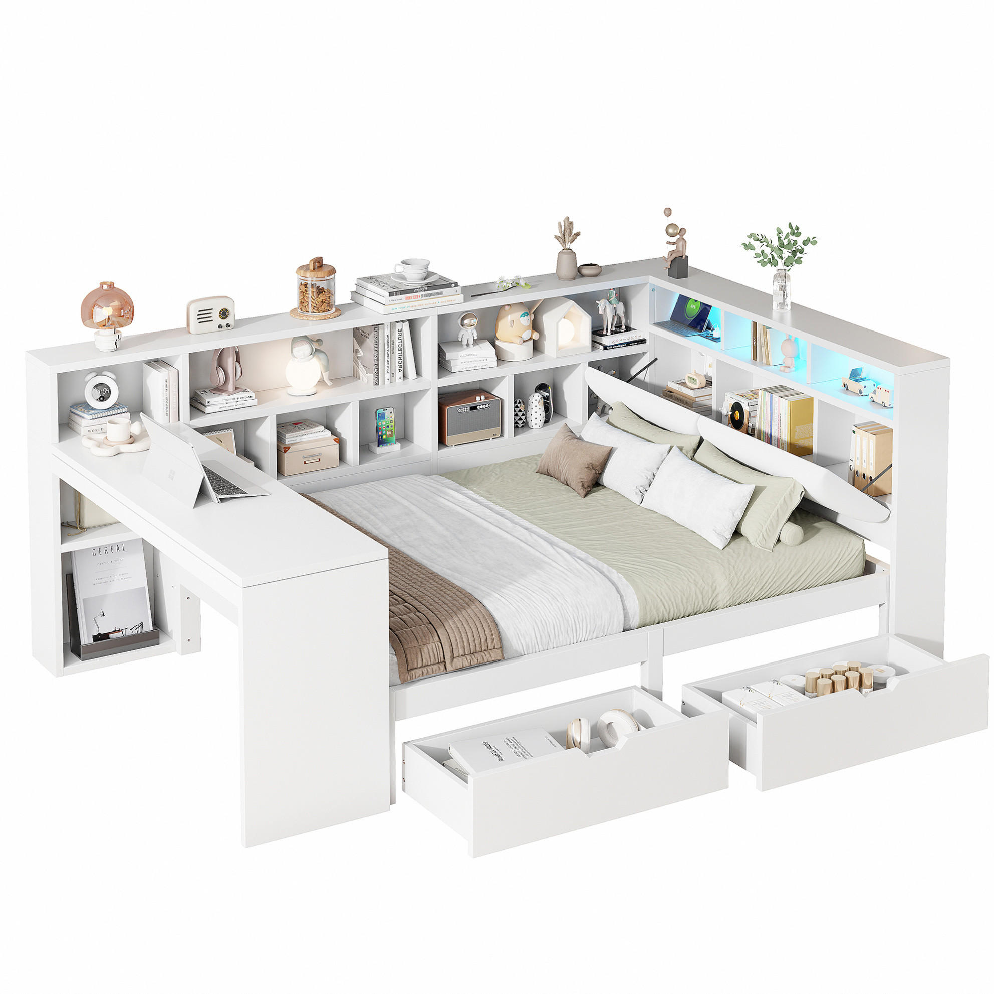 POSTEĽ 140/200 cm biela z MDF a preglejky s písacím stolom, knižnicou, zásuvkami a LED čelom - biela, kompozitné drevo (140/200cm) - OKWISH