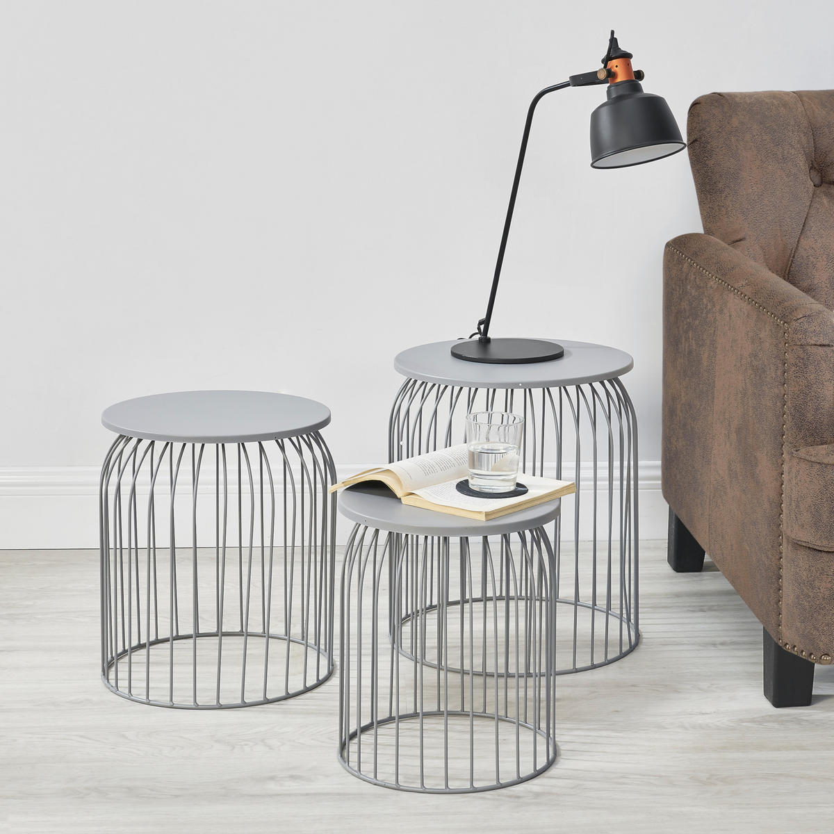 BEISTELLTISCH Amherst 3er Set - Hellgrau, Metall (40/40/46cm) - [en.casa]