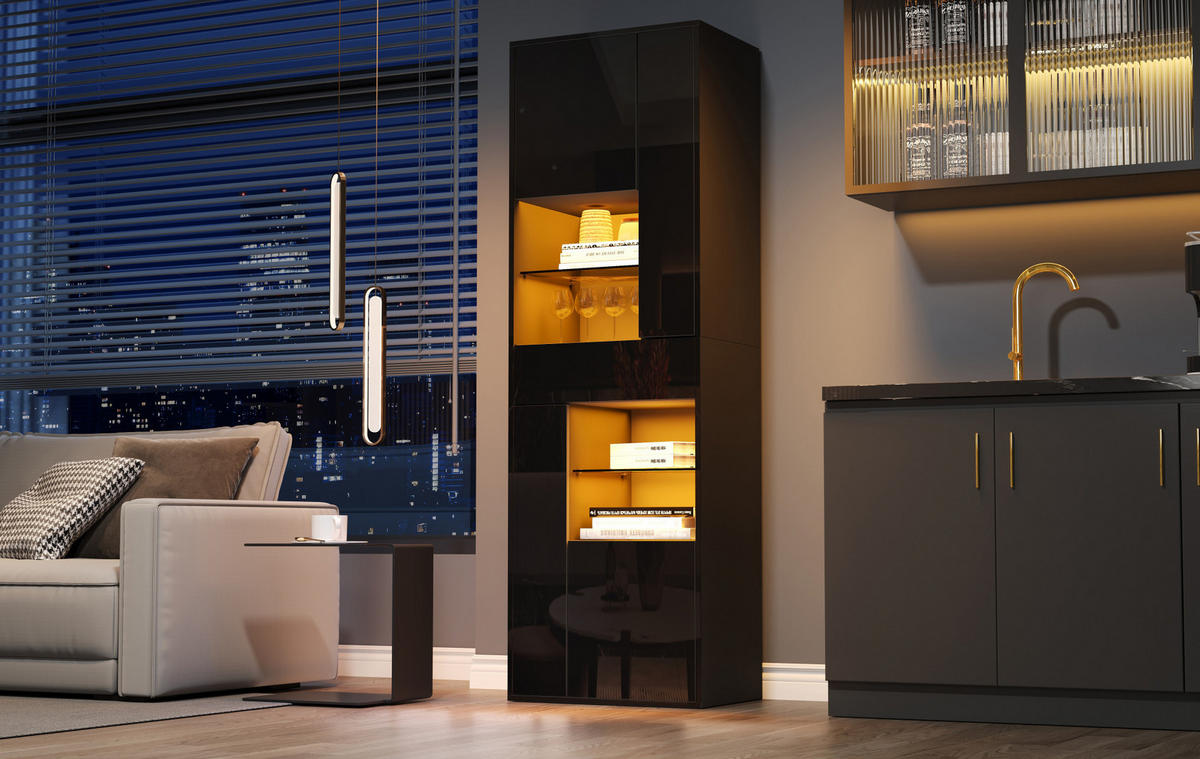 VITRINE aus Spanplatte und Glas 55x38x170 cm Schwarz mit LED-Beleuchtung, Schublade und 11 Ablageflächen - Schwarz, Holzwerkstoff (55/170/38cm) - IVMEU