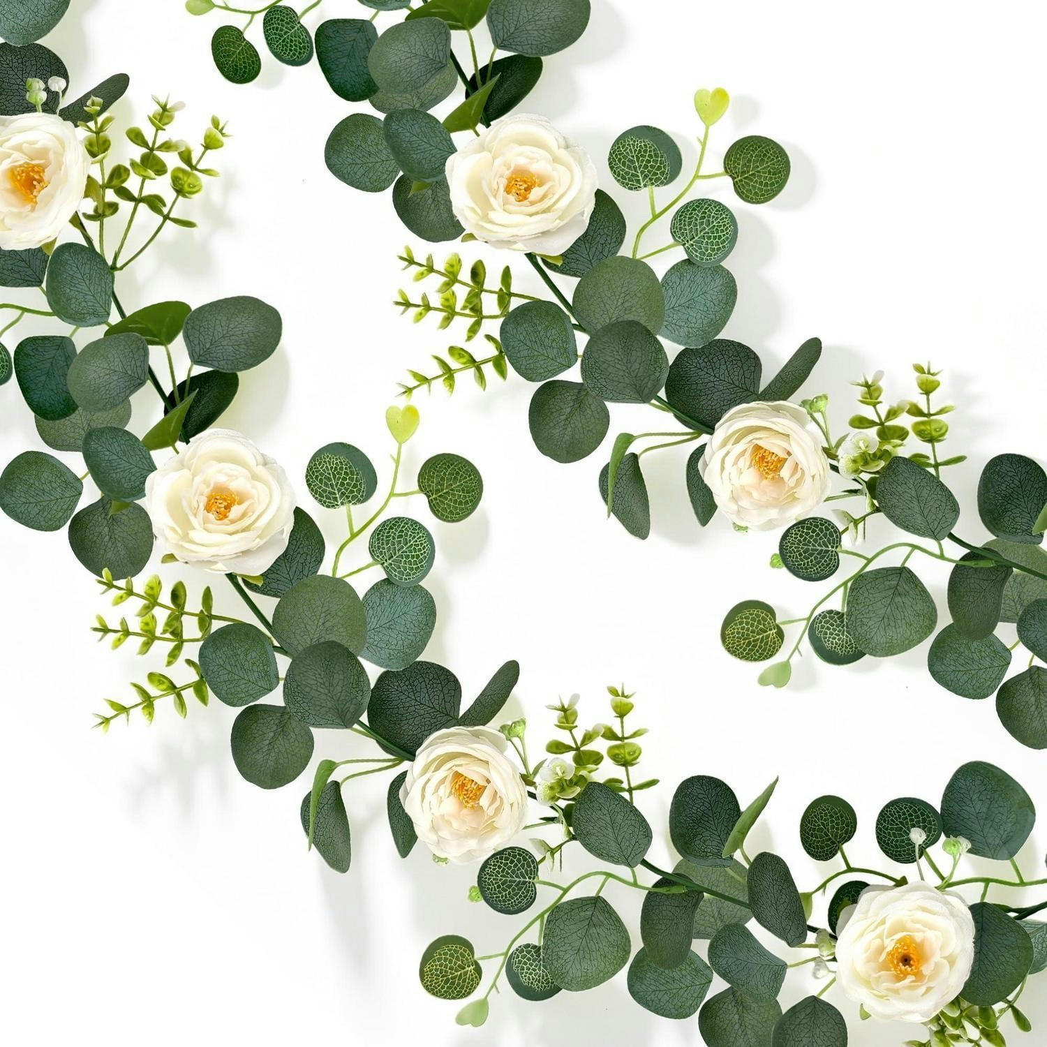 BLUMENGIRLANDE 2-teiliges Set 1,8 m Eukalyptus mit weißen Rosen - Multicolor, Kunststoff (1cm)