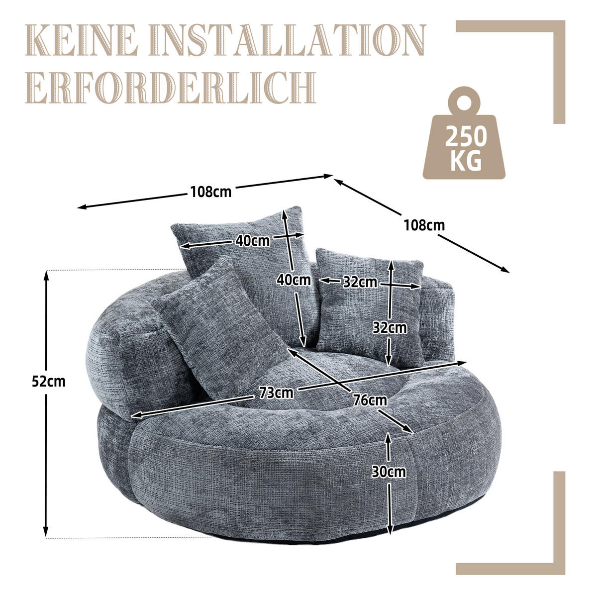 SESSEL Sitzsack Chenille grau 108/108/52 cm für Erwachsene mit Armlehnen - Grau, Textil (108/52/108cm) - OKWISH
