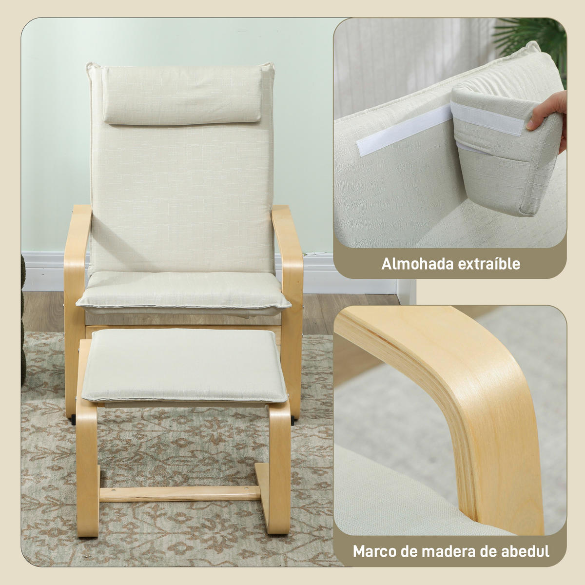 LESESESSEL hohe Rückenlehne abnehmbare Kopfstütze Holzbeine cremefarben Leinenbezug - Creme, Textil (78/92/67cm) - Vallsero