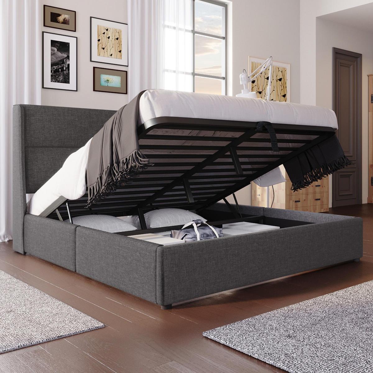 ČALÚNENÁ posteľ s matracom, 160/200 cm, ľanová tkanina sivá, s úložným priestorom - sivá, textil (160/200cm) - BEAOK