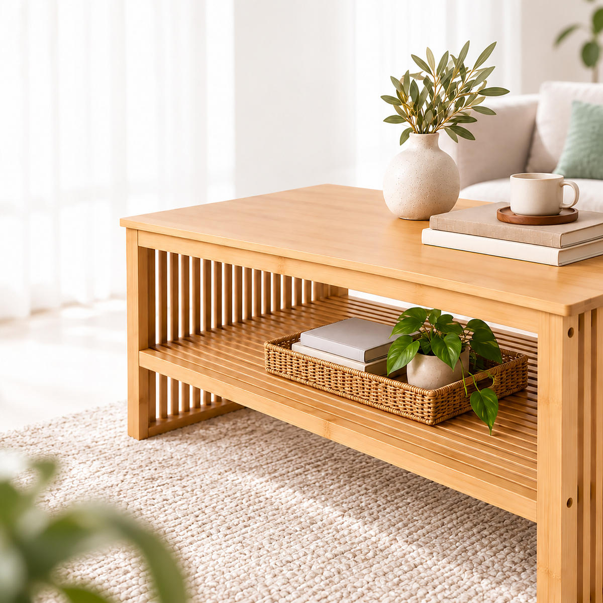 KONFERENČNÍ STOLEK Přírodní bambus s policí 98/55/46 cm - světle hnědá, dřevo (55/98/48cm) - Relaxdays