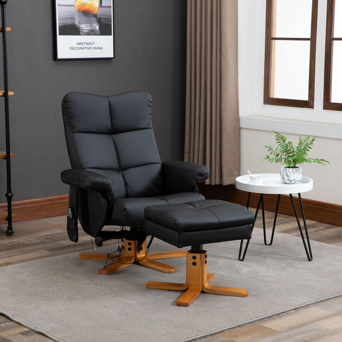 RELAXSESSEL mit Liegefunktion Massagesessel mit Fußhocker Polyester Schwarz - Schwarz, Leder/Holz (86/99/80cm) - HOMCOM