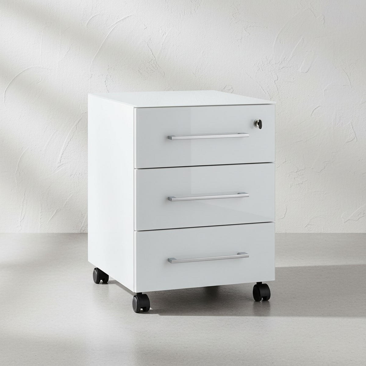 ROLLCONTAINER Glasfront 3 Schubladen Soft-Close & Abschließbar, Serie "Muenchen" Weiß - Weiß, Holzwerkstoff/Metall (40/55/50cm) - KADIMA DESIGN