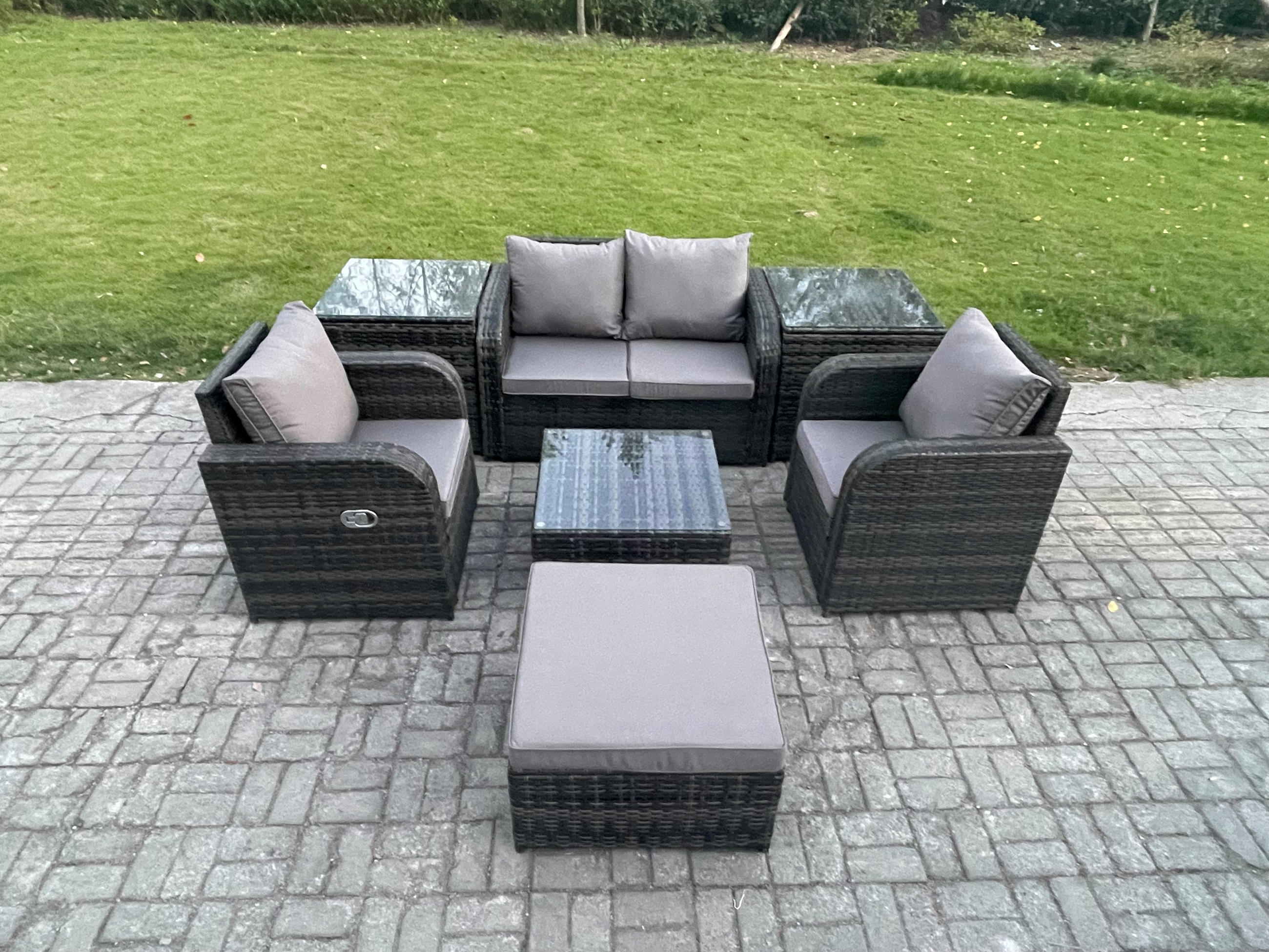 LOUNGESOFA-SET Polyrattan Dunkelgrau 5-Sitzer - Dunkelgrau, Metall - Fimous
