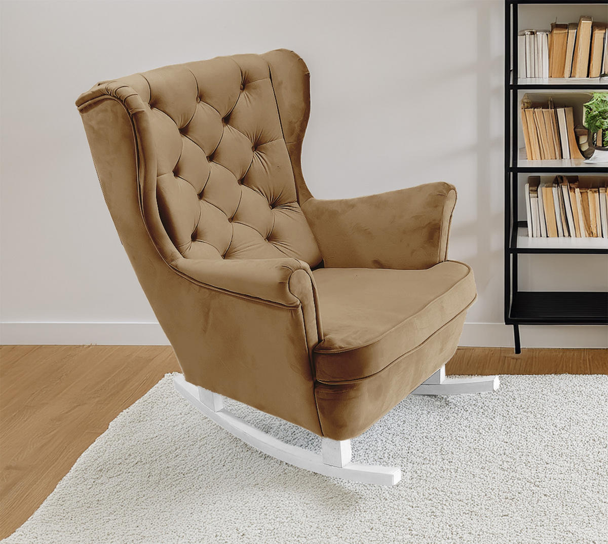 SCHAUKELSESSEL mit gepolstertem Sitz und Armlehnen, 102x81x95 cm, Cappuccino_29808 - Weiß/Samtahornfarben, Holz/Textil (81/102/95cm) - DomoHome