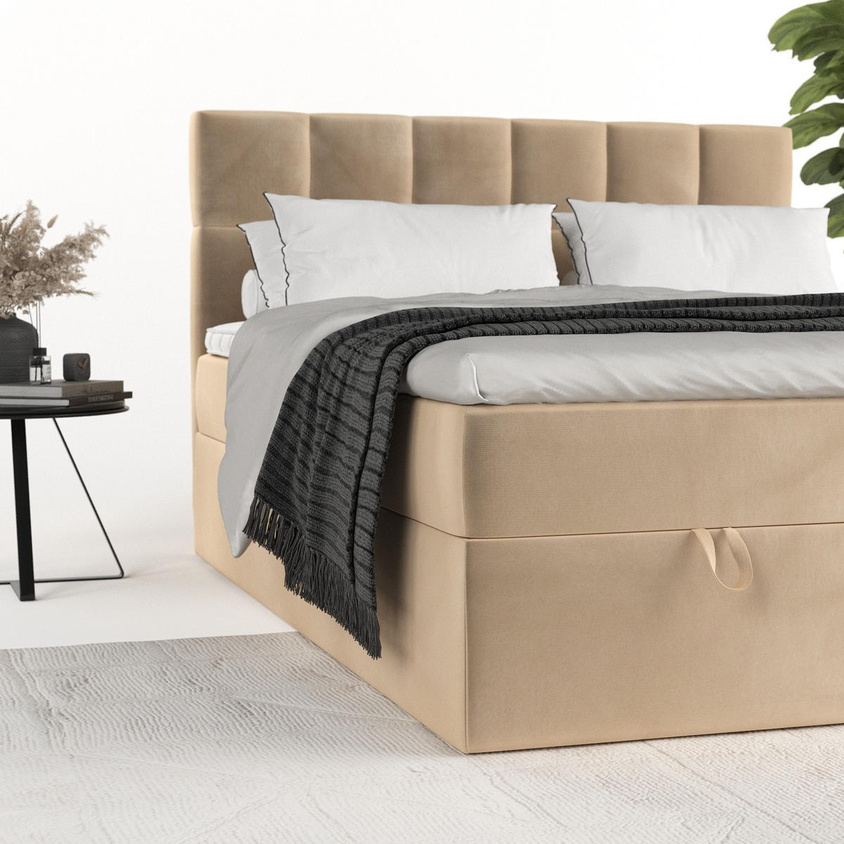 BOXBETT Savio 200/200 cm Beige im Kronos Stoff - Beige/Schwarz, Holz/Holzwerkstoff (200/200cm) - AltaBeds