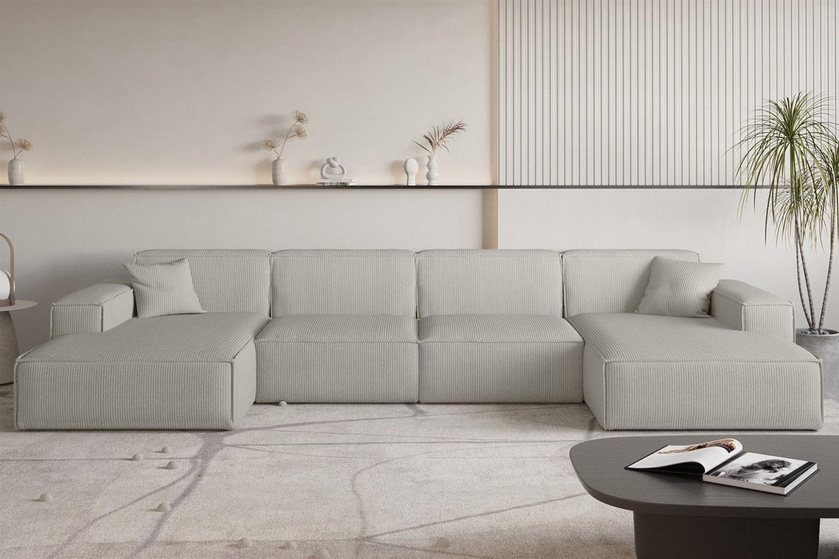 WOHNLANDSCHAFT Celes Premium In Scala - Hellgrau, Holzwerkstoff/Textil (379/73/165cm) - Fun Möbel