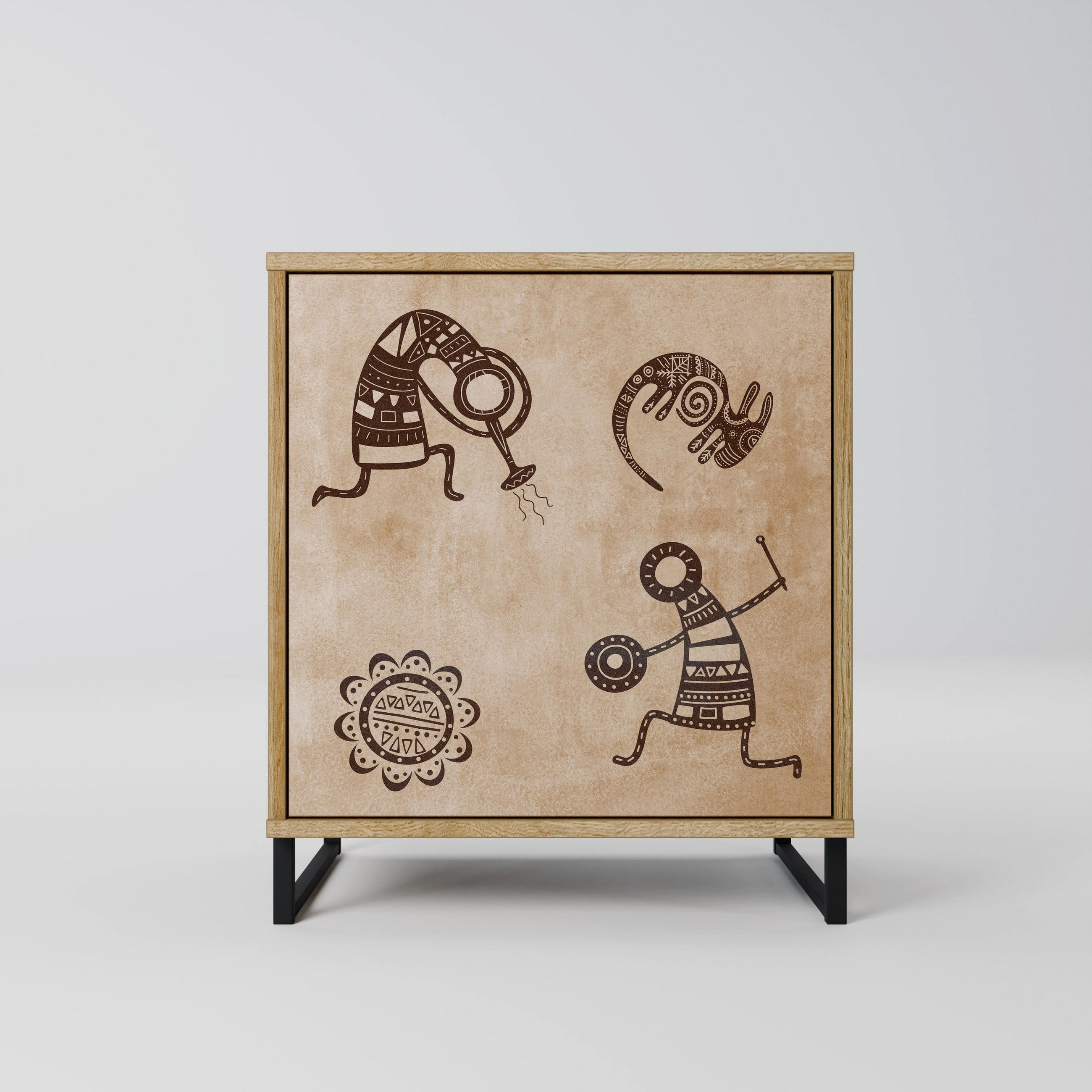 SIDEBOARD AFRICAN STYLE, Eichefarben, 57,5x42x67,5 cm, Schwarze Metall-Rahmenfüße - Eichefarben/Multicolor, Holzwerkstoff/Metall (57.5/67.5/42cm) - SpaceRebels