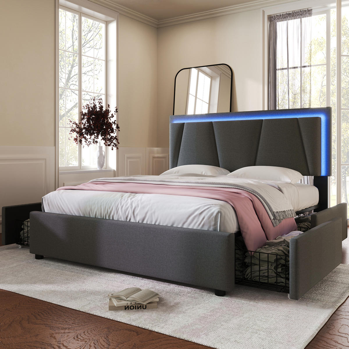 POLSTERBETT 140/200 cm grau mit LED-Beleuchtung und höhenverstellbarem Kopfteil - Grau, Holz (140/200cm) - OKWISH