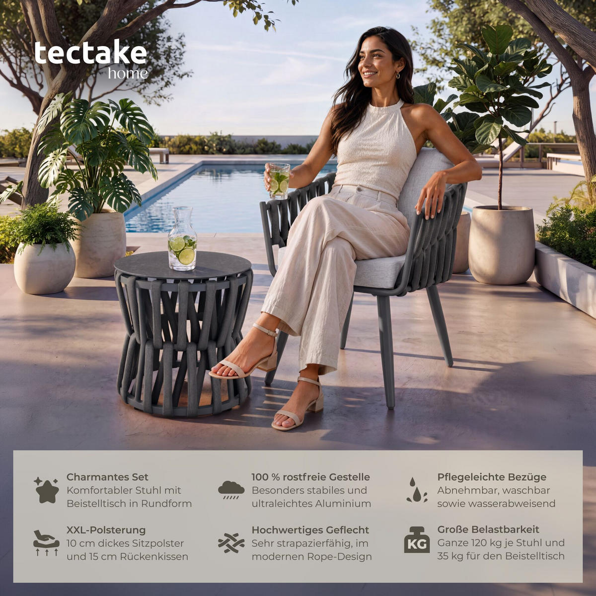 GARTENLOUNGE-SET aus Aluminium Lugano, höhenverstellbare Kunststofffüße, Sicherheitsglasplatte, anthrazit/grau - Anthrazit/Grau, Kunststoff - tectake