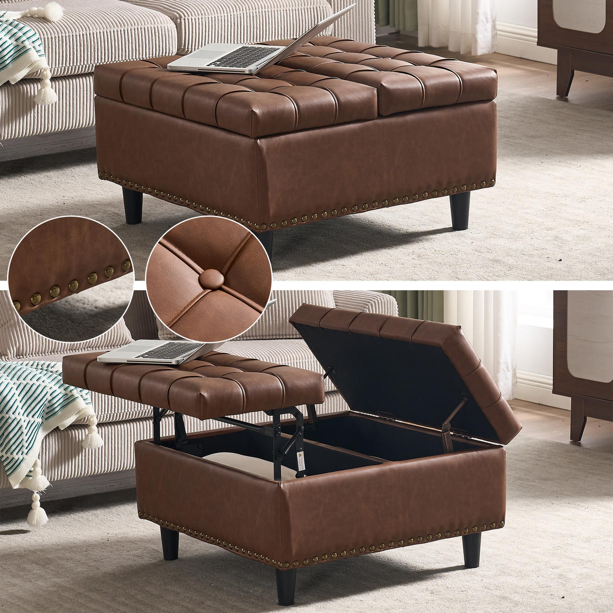 OTTOMANE braun PU 75cm mit stauraum - Braun, Leder (75/41/75cm) - Urban Meuble