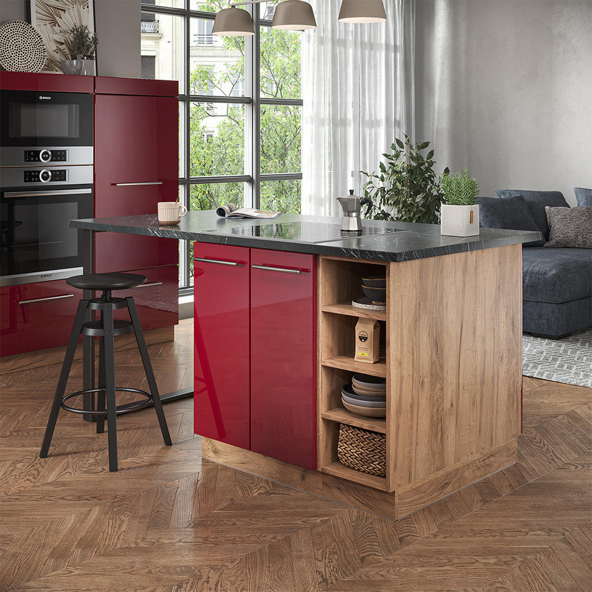 KÜCHENINSEL Fame-Line Bordeaux Hochglanz/Goldkraft Eiche 90 cm ohne AP - Honigeiche/Bordeaux, Holzwerkstoff (90/82/82cm) - Vicco