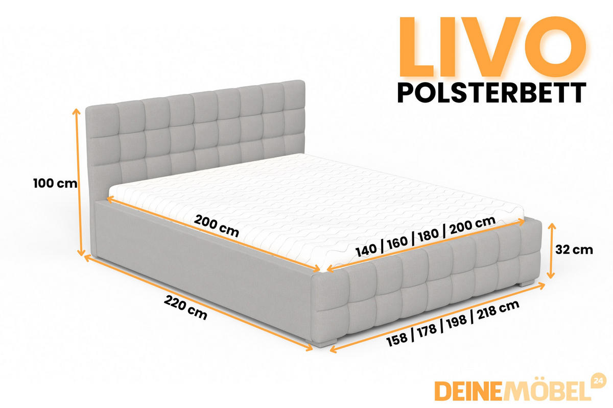 POLSTERBETT LIVO 200/200 in Velours Hellgrau - Hellgrau, Holzwerkstoff/Textil (200/200cm) - Deine Möbel 24