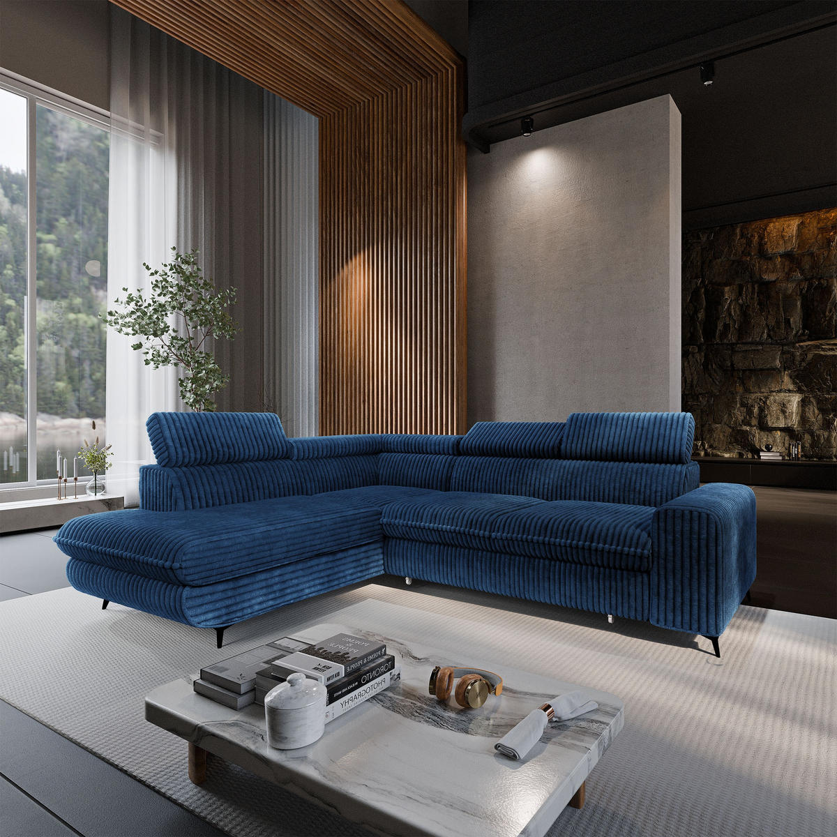 ECKSOFA VELISS Blau Kordstoff mit Schlaffunktion - Blau, Holz (255/193cm) - MASSENO