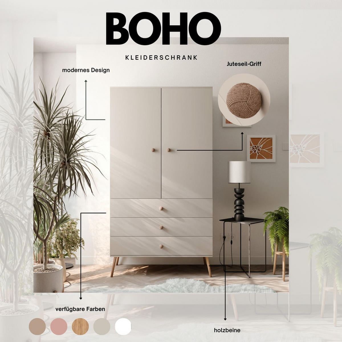 DREHTÜRENSCHRANK VALERIO 2-türig 100/52/202 cm Kaschmir - Kaschmir, Naturmaterialien/Holz (100/202/52cm) - Idohome