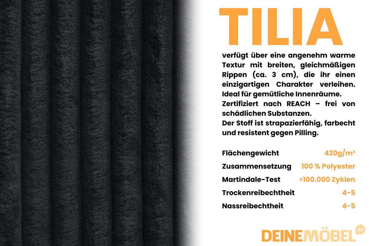 SOFA TIMON 245cm breit in Cord Schwarz - Schwarz, Holz/Holzwerkstoff (245/90/92cm) - Deine Möbel 24