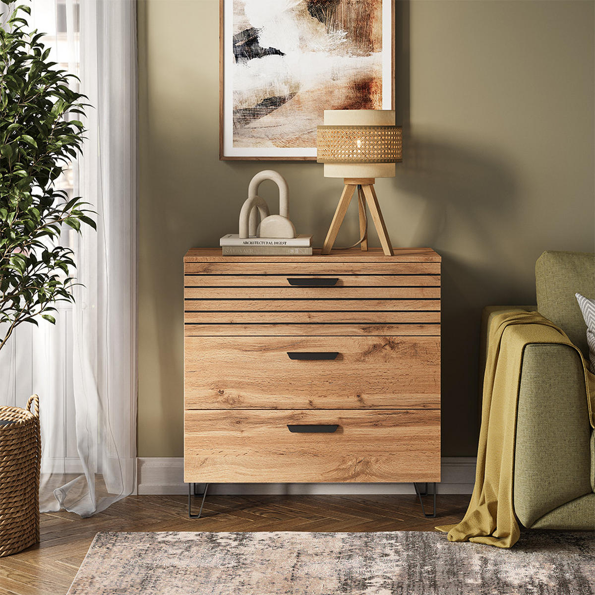 KOMMODE Amber Eiche Wotan 80 x 82 cm mit 3 Schubladen - Eiche Wotan, Holzwerkstoff (80/82/38cm) - Vicco