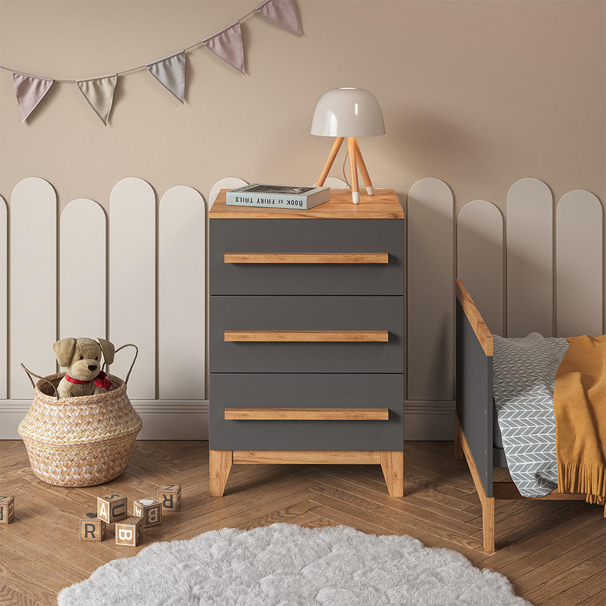 KOMMODE Malia Grau/Artisan 60 x 88 cm mit 3 Schubladen - Hellgrau/Grau, Holzwerkstoff (60/88/53.4cm) - VitaliSpa