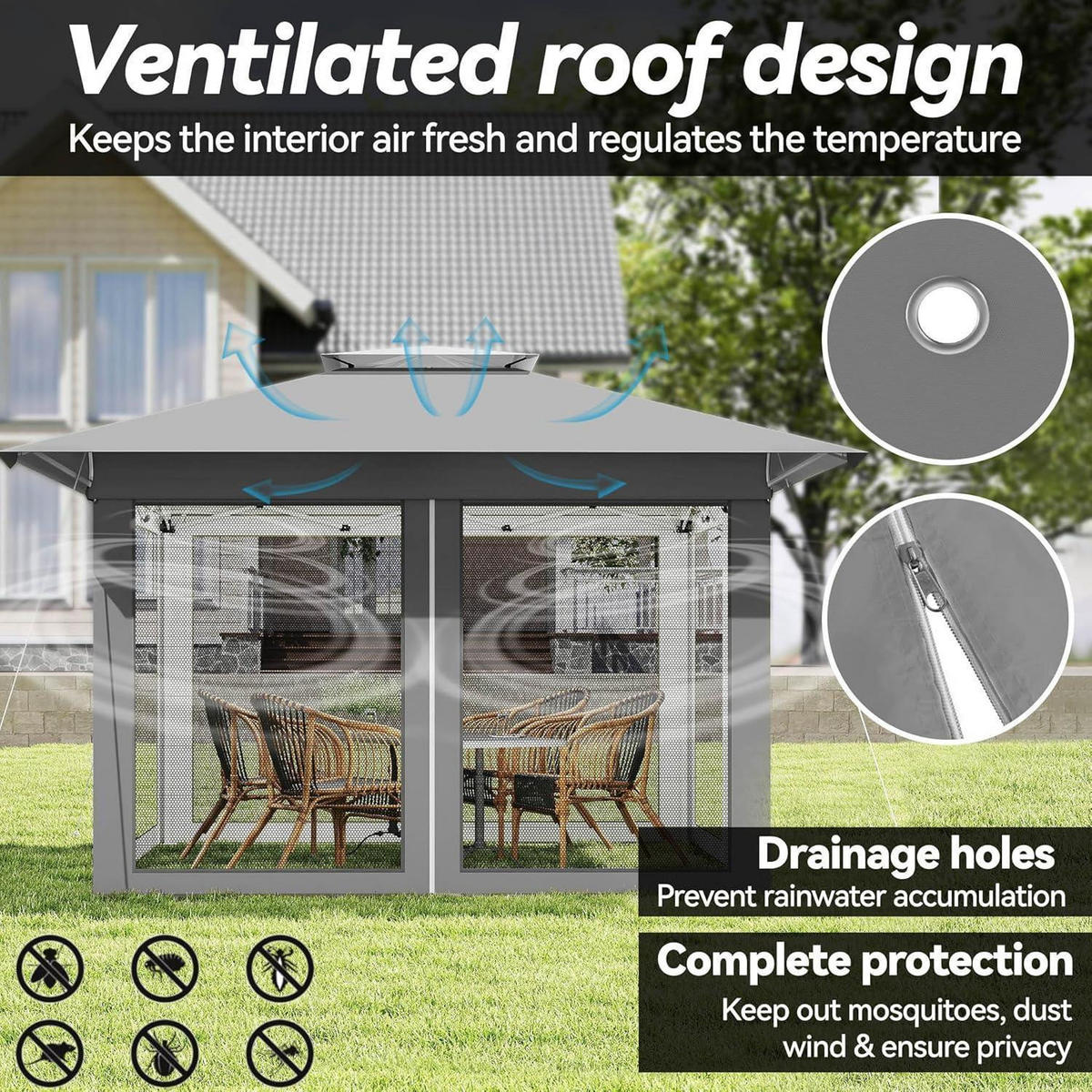 GARTENPAVILLON 4x4 Pop up Stabil Winterfest mit Doppeldach und Moskitonetz Silbergrau - Grau, Metall (400/225/400cm)