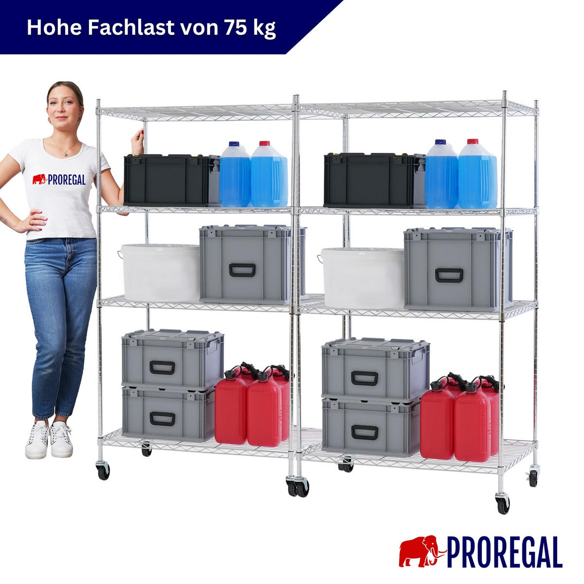 GITTERREGAL 2er - Set HADES mit Rollen & 4 Gitterböden Metall 160x90x60cm Silber - Silberfarben, Metall (90/160/60cm) - PROREGAL