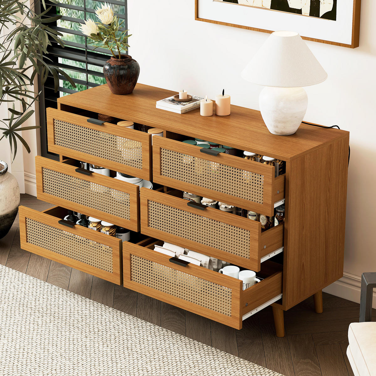 SIDEBOARD in Nussbaumfarben Kommode mit 6 Schubladen und Metallgriffe für Wohnzimmer, B120/T40/H76.5cm - Nussbaumfarben, Holzwerkstoff/Metall (120/76.5/40cm) - STILVORA