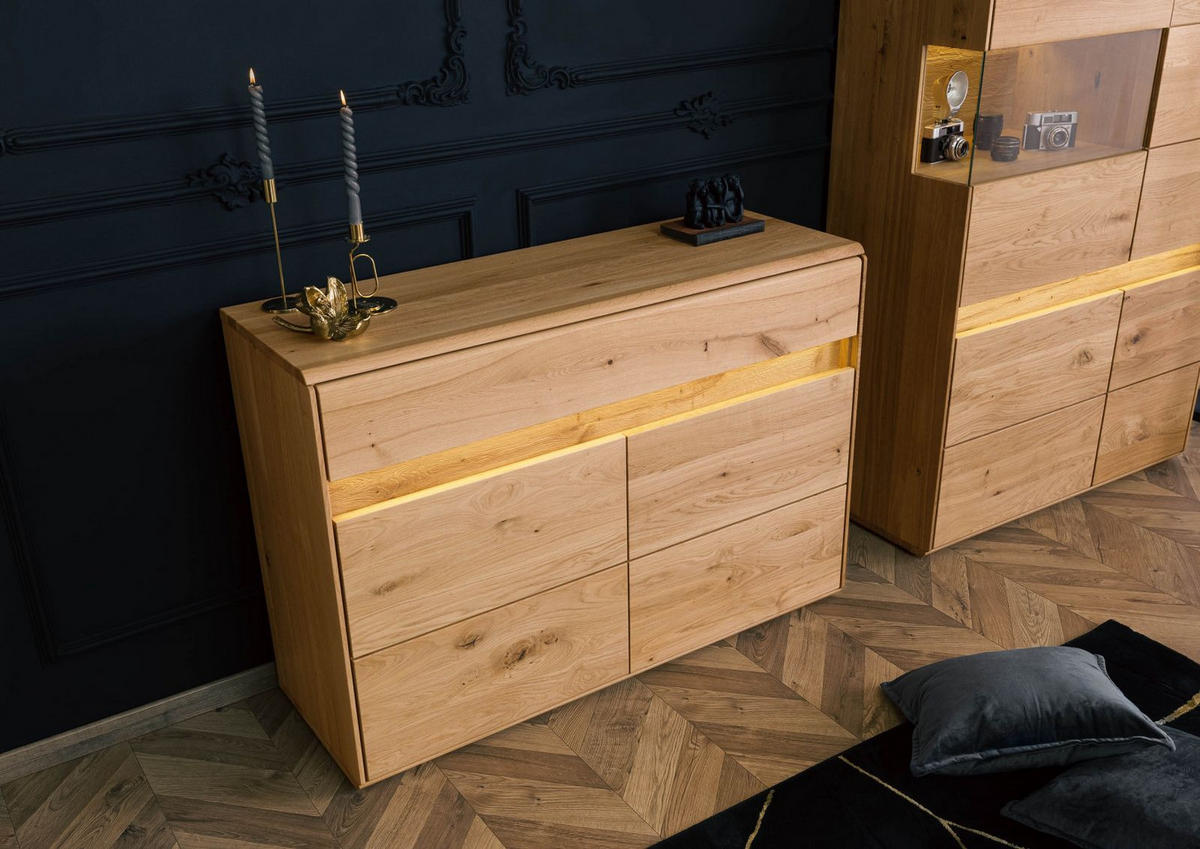 SIDEBOARD Wildeiche inkl. LED 123x43,5x86 natur geölt CARDIFF #131 - Braun, Holz (123/86/44cm) - Massivmoebel24