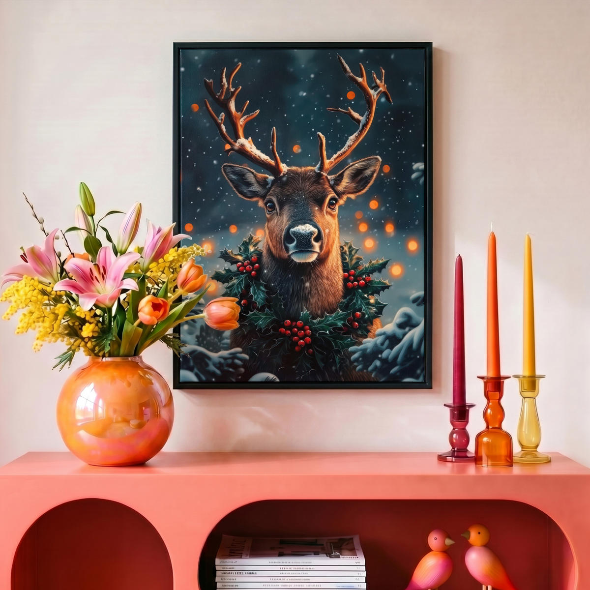 LEINWAND Bilder mit Rahmen - Hirsch - Weihnachten - Winter - Schnee - Weihnachtskranz - 30x40 - Dunkelbraun, Textil (30/40cm) - MuchoWow