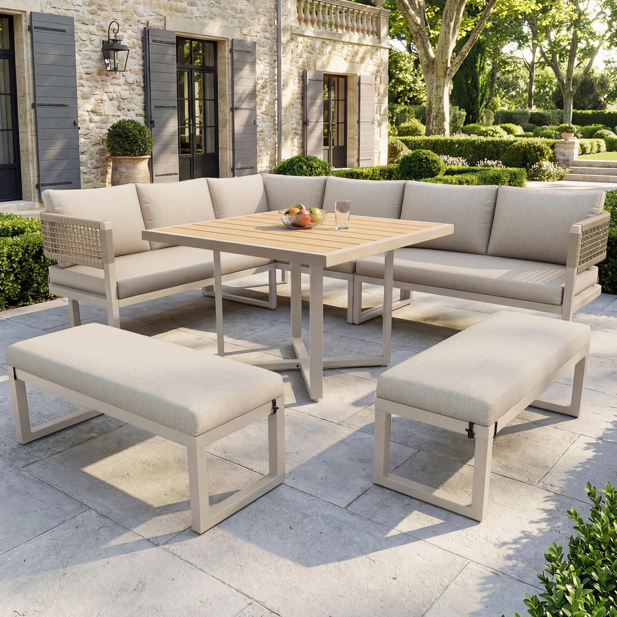 GARTENLOUNGESET für 8–10 Personen mit großem Esstisch in Holzoptik - Beige, Metall - ComfortXL