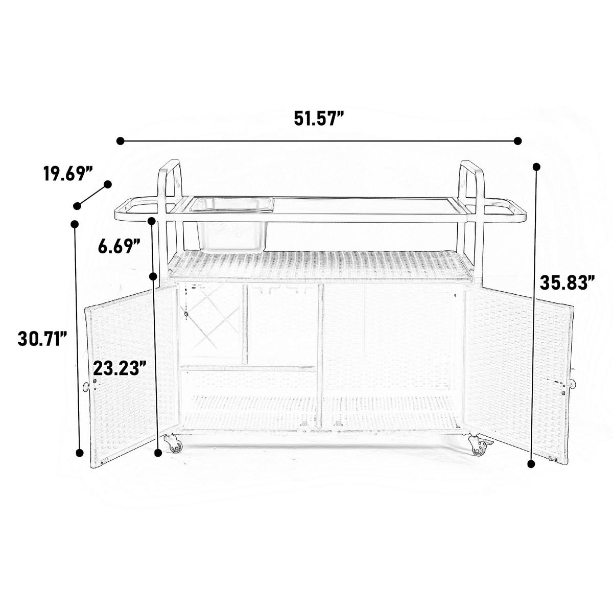 OUTDOOR-BARWAGEN 131 cm Beige Stahl & Rattan – Servierwagen mit Eisbehälter, Schrank & Lenkrollen - Beige, Metall (131/91/50cm) - Urban Meuble