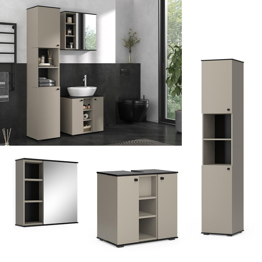 BADMÖBEL-SET Joli Greige 3 Teile, mit Hochschrank - Greige/Schwarz, Holzwerkstoff (60/59/37cm) - Vicco