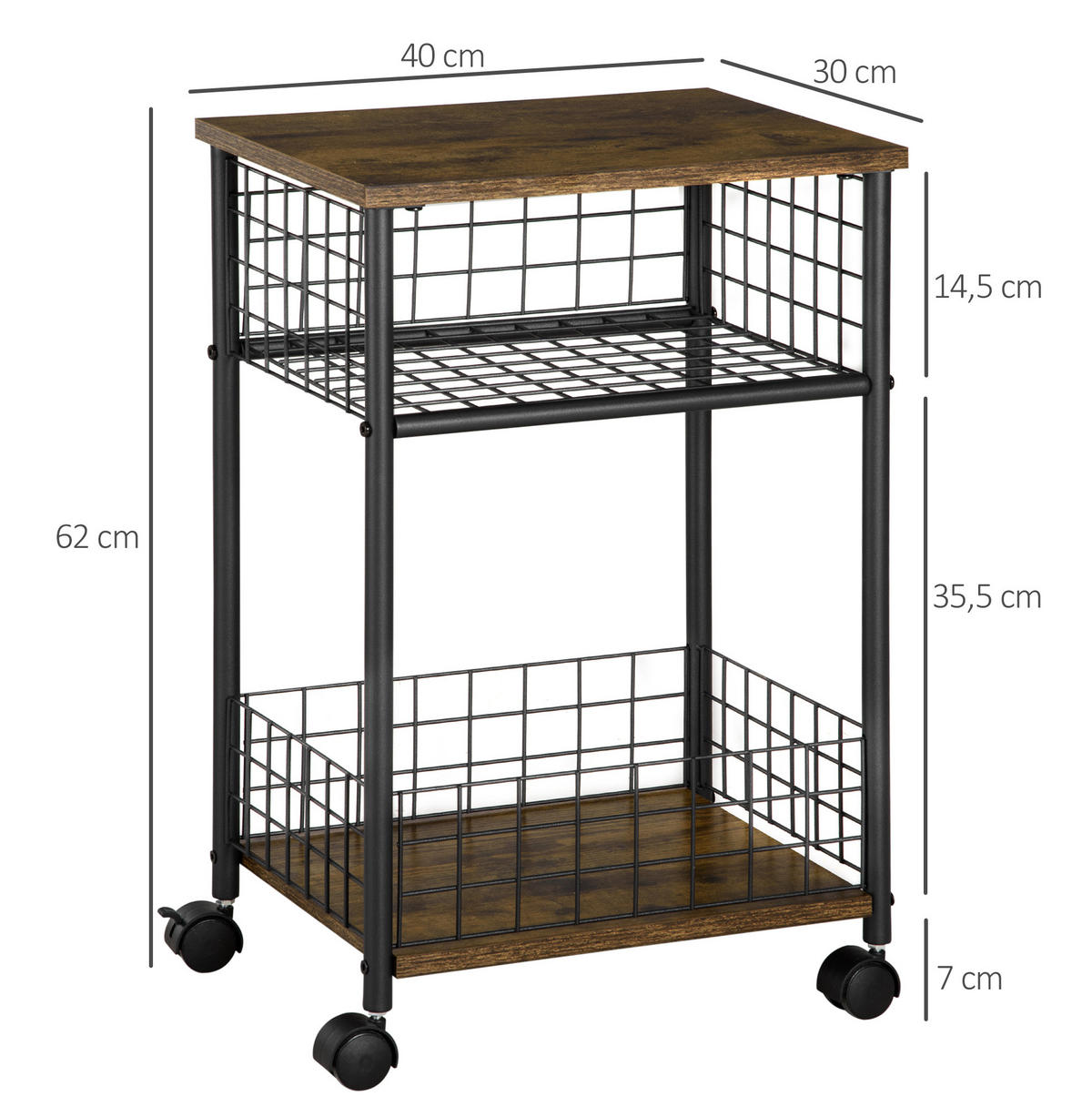 KUCHYŇSKÝ vozík 40/30/62 cm se 4 kolečky, pracovní deskou a košem v industriálním stylu, Hnědá - hnědá, kompozitní dřevo (40/62/30cm) - Redom