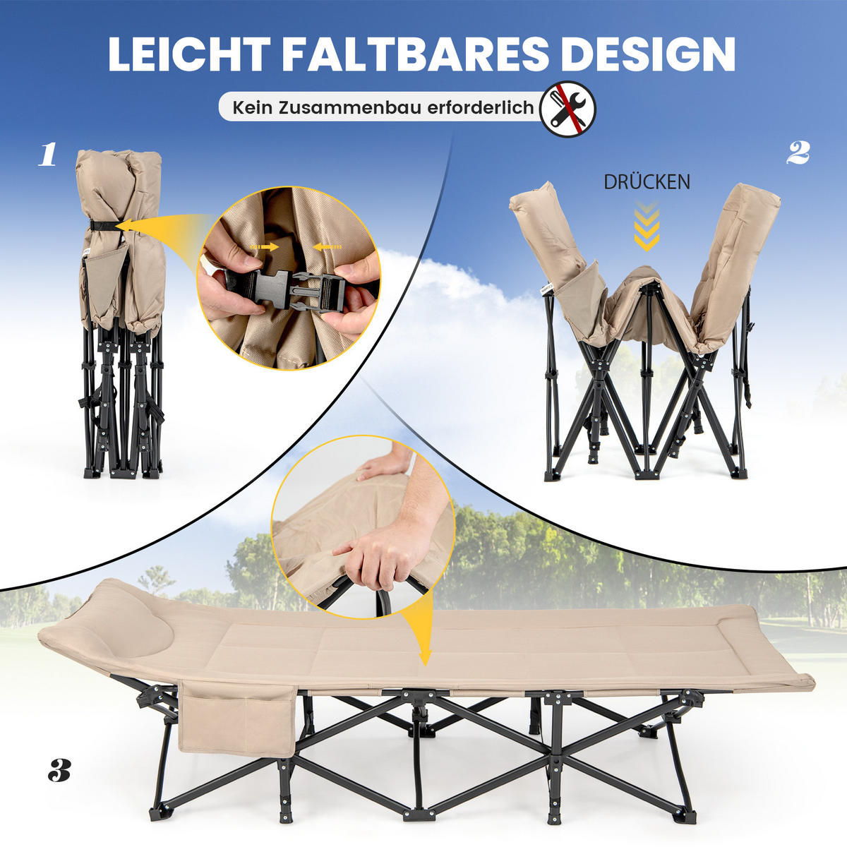 CAMPINGLIEGE Klappbare Khaki - Braun, Metall - COSTWAY