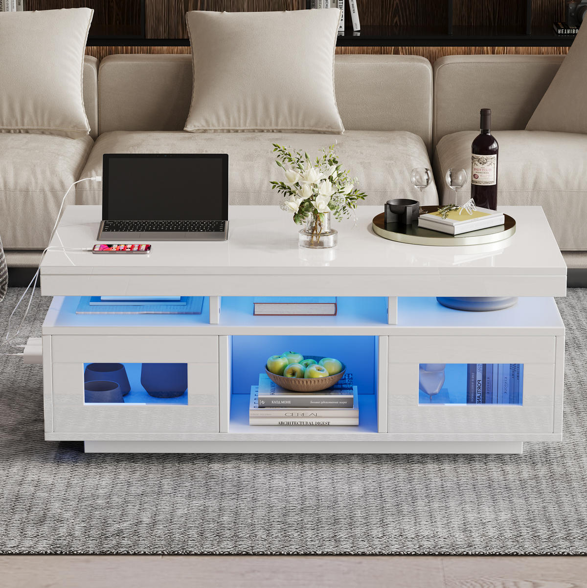 COUCHTISCH mit LED und Steckdose 100x50x43 cm Hochglanz Weiß - Weiß, Holzwerkstoff (100/50/43cm) - Meubliv
