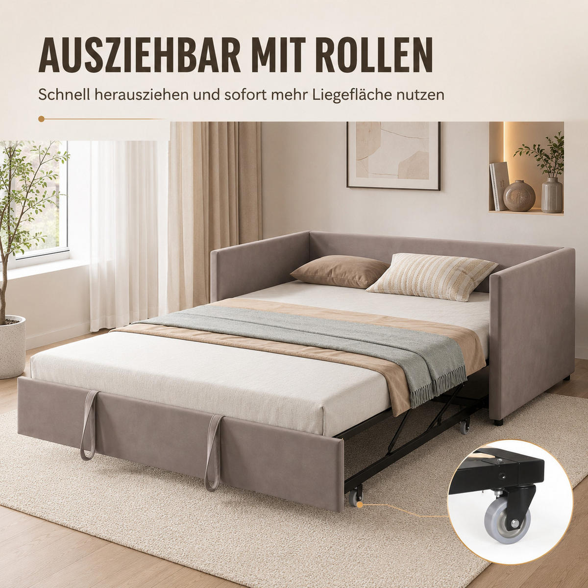 SCHLAFSOFA Samt grau ausziehbar mit Gästebett Funktion 3-fach umwandelbar Tagesbett mit Rollen - Grau, Metall (183/74/213cm) - Joyfair